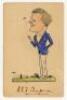 Arthur Percy Frank Chapman. Cambridge University, Kent &amp; England 1920-1938. Postcard featuring an original(?) hand coloured caricature of Chapman standing full length in cricket blazer, tossing a coin. Signed by Chapman in ink below the illustration. 