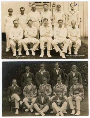 Kent C.C.C. team and player postcards. Four real photograph sepia and mono postcards including two Kent teams, one 1914, publisher unknown, the other c.1931 by Flemons of Tonbridge. The 1931 postcard with cross in blue ink to the photograph indicating the