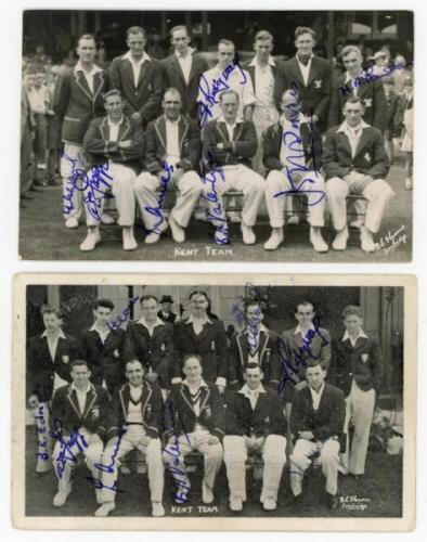 Kent C.C.C. team postcards c.1946/47. One mono real photograph postcard and another mono postcard of Kent teams. Each multi-signed in blue ink. Signatures include Valentine, Ames, Fagg, Evans, Ridgway, Davies, Pawson, Edrich, Hearn, Martin and Wright. Bot