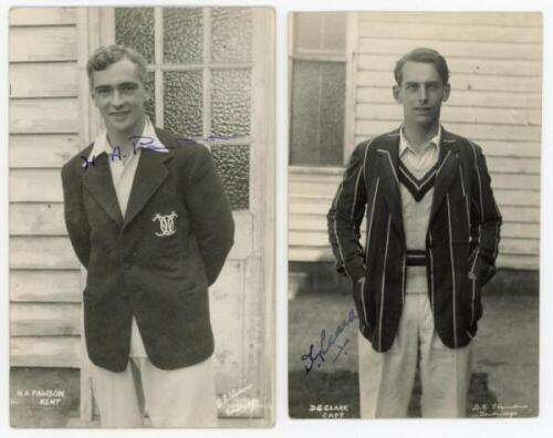 Kent C.C.C. signed player postcards 1930s-1940s. Two mono real photograph plain back postcards of Kent players, each signed in blue ink to the photograph. Signatures are H.A. Pawson and D.G. Clark. Also a signed mono plain back postcard of Leslie Todd. Al