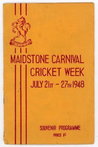 Kent C.C.C. 'Maidstone Carnival Cricket Week July 21st- 27th 1948'. 24pp illustrated souvenir programme in original decorative paper wrappers comprising a guide to the week's events, 'Prospects and Personalities of the Kent XI', history of the Mode Cricke