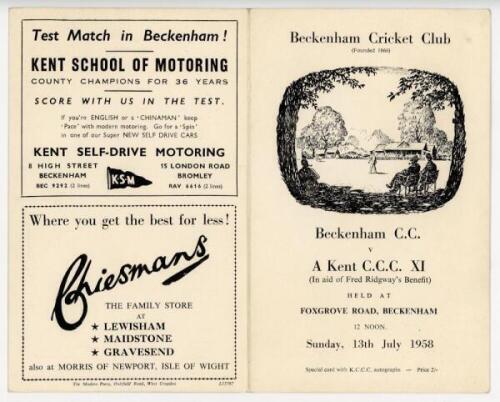 Beckenham C.C. v A Kent C.C.C. XI 1958. Official folding card programme for the match held for Fred Ridgway's Benefit, Beckenham, 13th July 1958.Signed to the inside front 'Autographs' page by thirteen Kent players. Signatures are Cowdrey, Pretlove, Prodg