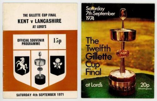 Kent C.C.C. Gillette Cup Finals 1971 &amp; 1974. Two official programmes for the Gillette Cup Finals, Kent v Lancashire, Lord's 4th September 1971 and 7th September 1974. The 1971 programme signed in thick blue ink by ten Kent and nine Lancashire players,