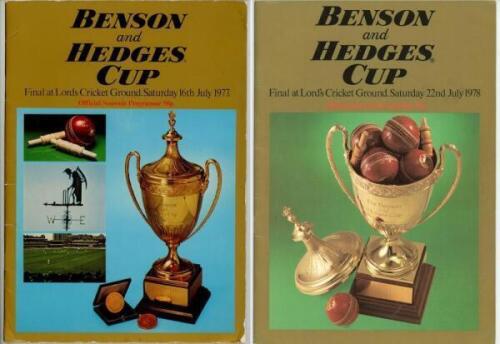 Kent C.C.C. Benson and Hedges Cup Finals 1977 &amp; 1978. Two official programmes for the Benson and Hedges Cup Finals at Lord's, Kent v Gloucestershire, 16th July 1977, and v. Derbyshire, 22nd July 1978. The 1977 programme signed in blue ink by twelve Ke