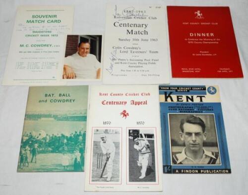 Colin Cowdrey and Kent C.C.C. A small selection of souvenir booklets, scorecards and menus relating to Cowdrey and Kent cricket. Includes a 'Souvenir match card of the Maidstone Cricket Week 1973 during which Colin Cowdrey scored his 99th and 100th centur