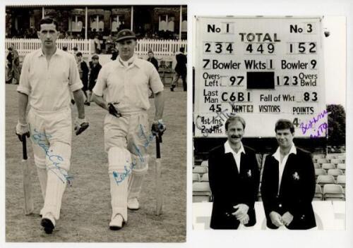 Leslie Todd and Eddie Crush. Kent C.C.C. Original mono press photograph of Crush and Todd walking out to bat at Canterbury, c.1949. Signed to the photograph in blue ink by both players. 6"x8". Publisher unknown. Sold with a mono press photograph