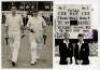 Leslie Todd and Eddie Crush. Kent C.C.C. Original mono press photograph of Crush and Todd walking out to bat at Canterbury, c.1949. Signed to the photograph in blue ink by both players. 6"x8". Publisher unknown. Sold with a mono press photograph