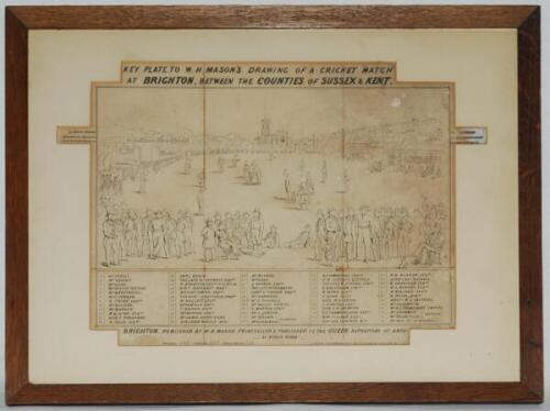 'The Cricket Match between Sussex &amp; Kent at Brighton'. After William Drummond and Charles J. Basebe. Rare original key plate of the engraving identifying all players and spectators in the picture. Printed by Ackermann &amp; Co. Some wear, staining and