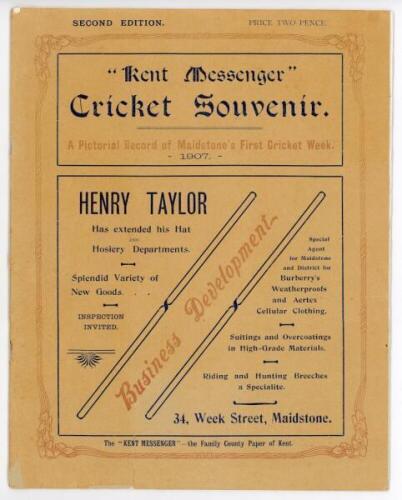 'Kent Messenger Cricket Souvenir. A Pictorial Record of Maidstone's First Cricket Week 1907'. Second Edition. 16pp souvenir illustrated brochure in original paper wrappers, comprising reports on Maidstone Cricket Week, Kent's 'Double Win at the Mote', act