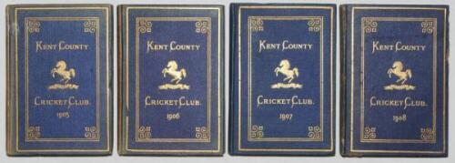 Kent County Cricket Club Annual 1905-1908. Four editions of the hardback 'blue book', all printed by Cross &amp; Jackman, Canterbury. Original decorative boards. Gilt titles and to page edges with gilt Kent emblem to centre. 'Light' fading to spines and b