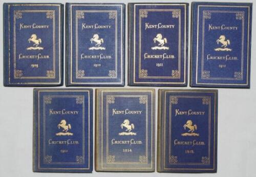 Kent County Cricket Club Annual 1909-1915. Seven editions of the hardback 'blue book', printed by Cross &amp; Jackman, Canterbury and Kentish Express, Ashford. Original decorative boards. Gilt titles and to page edges with gilt Kent emblem to centre. 'Lig