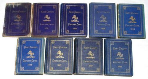 Kent County Cricket Club Annual 1931-1938. Nine editions of the hardback 'blue book' for 1931 (two copies), 1933-1936, 1937 (2) and 1938. Original decorative boards. Gilt titles with gilt Kent emblem to centre. Wear and damage to boards of one of the 1931