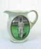 Jack Hobbs. Surrey &amp; England. New Hall Pottery white water jug, printed with an oval colour portrait of Hobbs wearing England cap walking out to bat with stands to background. Crossed bats, stumps and cricket balls on crest to verso. Circa 1930. Appro