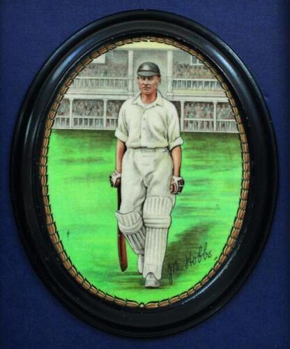 Jack Hobbs. Surrey &amp; England. Oval wall plaque with portrait of Hobbs walking out to bat with stands to background. Newhall Pottery of Hanley, 5.5&quot;x6.75&quot;, framed in oblong frame. Overall 7.75&quot;x9.75&quot;. Stamps to back. Rarely seen pla