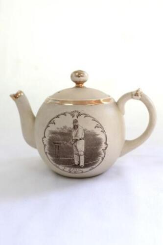 William Gilbert Grace. Gloucestershire &amp; England 1865-1908. A Victorian stoneware teapot with lid with a sepia transfer printed full length image of Grace in batting pose at the wicket with name 'W.G. Grace' below. MacIntyre of Burslem. To base Macint