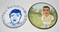 Anthony Baer collection. Two ceramic plates presented to Tony Baer, cricket ceramic collector. The first plate features Tony in cricket attire holding a bat with country cricket scene to background, wickets set ready for play, gold lustre to edge. Signed 