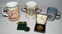 M.C.C. Bicentenary 1787-1987. Spode china two handled loving tankard with decoration and titles to front and back, gold lustre to handles, rim, and base. 4.5&quot; tall. Sold with a commemorative bronze metal medal in original presentation case 'M.C.C. Bi