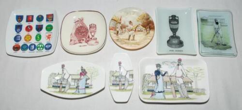 Cricket pin/trinket trays and dishes. Selection of eight items including three variously shaped dishes by Foley, all from the 'Fun &amp; Games' series, two glass dishes, one featuring Grace and the other 'The Ashes Urn' and three ceramic dishes featuring 