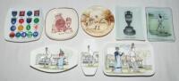 Cricket pin/trinket trays and dishes. Selection of eight items including three variously shaped dishes by Foley, all from the 'Fun &amp; Games' series, two glass dishes, one featuring Grace and the other 'The Ashes Urn' and three ceramic dishes featuring 