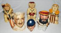 Cricket Toby Jugs. Five toby jugs, 'Ian Botham' by Kevin Francis, ltd edition 34/1000, W.G. Grace by Manor Potteries and 'The Bowler, the Batsman and the Wicketkeeper'. Set of three H.J. Wood ceramic toby jugs of cricketers. Plus small figure of Len Hutto