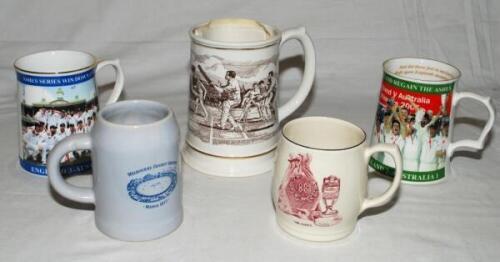 Cricket tankards and mugs. Selection of five including Franklin porcelain ceramic tankard entitled 'The Ashes Tankard 1882-1982', 'A Century of Test Cricket'. Ceramic tankard with two images in gilt of the Melbourne Cricket Ground to sides, 1877 and 1977.