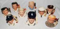 Royal Doulton toby jugs. Nine Royal Doulton ceramic caricature cricket toby jugs of Jack Hobbs, W.G. Grace, Brian Johnston, Len Hutton, Freddie Trueman, Denis Compton, Dickie Bird, Ian Botham and 'The Hampshire Cricketers. Each limited edition and standin
