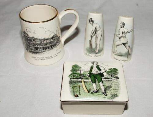 Sandland Ware. 'Lewis Cage as a Batsman'. Rarer white Sandland Staffordshire ceramic trinket/cigarette box with lid with transfer print of the image after Francis Cotes to lid. Gold lustre to rims. Sold with a pair of Sandland salt and pepper pots, with c