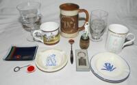 Cricket glassware and ceramics. Good and varied selection of cricket glassware, ceramics and novelties. Includes glass tankard commemorating 200 years of M.C.C. 1787-1987 with image of Thomas Lord to centre, six smaller glasses with the same design, a cr