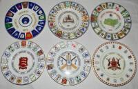 Cricket commemorative plates and mugs. Two boxes comprising twenty one commemorative plate including seven 'County Champions' plates for Hampshire 1973 (first issue), Worcestershire 1974, Kent 1978, Essex 1979 (Qty 2), Middlesex 1980 (all Coalport) and No