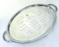 All India tour to England 1936. Large and impressive silver plated tray 'Presented to W. Ferguson by the All India Cricket Team 1936'. The oval tray was presented to Bill Ferguson as a thank you for his services to the team as baggage master and scorer to