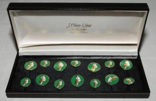Cricket buttons. A set of seven larger and seven smaller cricket buttons each depicting a batsman at the wicket playing a shot. Displayed in a 'J.F. Sharp &amp; Sons, Jewellers of Darlington' black box. Appear modern. VG - cricket
