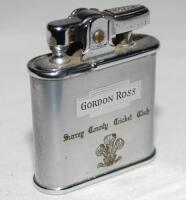 Gordon Ross. Ronson cigarette lighter inscribed to one side 'Surrey County Cricket Club' with Surrey emblem and name Gordon Ross to centre, and to the verso 'County Champions 1952, 1953, 1954, 1955, 1956. Under Captaincy of W. Stuart Surridge'. From the c