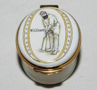 Cricket pillbox. W.G. Grace. Modern enamelled oval pillbox hand decorated with a portrait of Grace in batting pose. Crossed bat, pad and ball to inside lid. Produced by Crummles. VG - cricket