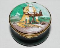 'The Scorer'. Enamel hinged lid box with image of The Scorer by Thomas Henwood 1842 to lid. Produced by Toye, Kenning &amp; Spencer of Birmingham for M.C.C. 1999. Approximately 2.5&quot; diameter. VG - cricket