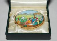 'England v Australia at Lord's. An Imaginary Cricket Match c1887'. Enamel hinged lid box with image of the painting by G.H. Harrable and Sir Robert Ponsonby Staples to lid. Produced by Toye, Kenning &amp; Spencer of Birmingham for M.C.C.. In original box 