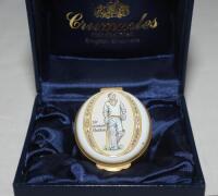Cricket pillbox. Sir Leonard Hutton. Modern enamelled oval pillbox hand decorated with a portrait of Hutton standing full length in cricket attire leaning on a bat. Crossed bat, pad and ball to inside lid. In original box with certificate of authenticatio