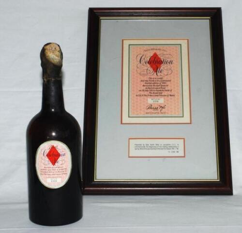 Lancashire C.C.C. An original unopened bottle of Bass Celebration Ale 'Brewed by the Earl Spencer in Burton upon Trent on 5th July 1982 to mark the birth of The Royal Heir to T.R.H. The Prince and Princess of Wales'. Limited edition no. 1336 of 5000 bottl