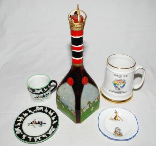 Cricket ceramics and glassware. Small selection of four items, an official 5.75&quot; tankard produced to commemorate the Cricket World Cup held in India and Pakistan in 1987. Alfred Meakin of Staffordshire, a nursery cup and saucer with images of ducks p