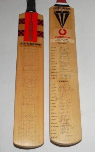 England v Australia 1997 &amp; 2001. Full size Gray Nicholls 'Autograph' bat signed by ten members of the England team and sixteen members of the 1997 Australian touring party. Also a Duncan Fearnley full size bat signed by twelve England and seventeen Au