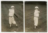Young boy cricketer. Collection of Victor Forbin. Four original mono press photographs of a young boy in cricket attire, two each in batting and wicketkeeping poses. Pencil annotations to verso, 'D.M.[Daily Mirror?] Sept 1st Page 1', with stamps for V. Fo