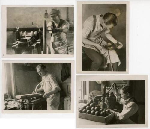 Cricket bat and ball manufacturing c.1920s. Four original mono press photographs, two taken at a bat making company in Finchley, one of a bat being shaped with a spokeshave, and another of a bat being passed through a press. The other two taken at the Ton