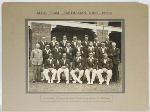 'Bodyline'. 'M.C.C. Team- Australian Tour- 1932-33'. Large and impressive official mono photograph of the M.C.C. touring party who toured Australia in 1932/33. The team, standing and seated in rows, wearing M.C.C. touring blazers and cricket attire. The p