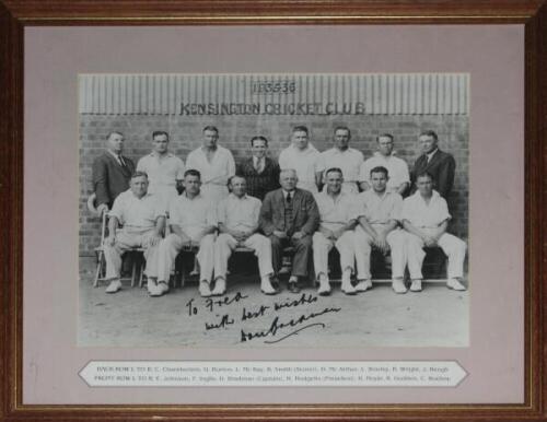 Don Bradman. Later copy of a 1936 mono photograph of the 1935/36 Kensington Cricket Club (Adelaide) team and officials featuring Bradman (Captain) seated and standing in rows wearing cricket attire. Boldly signed in thick black ink to the photograph by Br