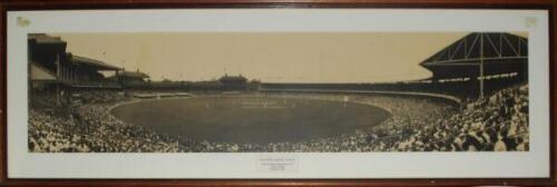 Australia v England. Melbourne Cricket Ground 1937. Large and impressive original mono panoramic photograph of a packed Melbourne Cricket Ground taken during the fifth Ashes Test on the 26th February 1937. The photograph shows the match in progress with G