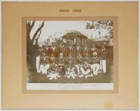 India tour to England 1932. Official mono photograph of the 'All-India Cricket Team 1932' seated and standing in rows wearing cricket attire and India tour blazers, Players featured include Maharaja Porbander (Captain), Limdi, Nayudu, Mohammad Nissar, Ama