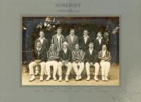 Somerset C.C.C. 1922. Official mono photograph of the Somerset team that played v Middlesex in 1922, seated and standing in rows in blazers. Players featured include Daniell (Captain), Johnson, Greswell, Robson, Considine, Lowry, Lyon etc. The photograph 