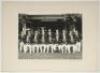 M.C.C. tour to Pakistan 1955/56. Official mono photograph of the M.C.C. touring party seated and standing in rows wearing tour blazers. Players featured include Carr (Captain), Sutcliffe, Sainsbury, Close, Stephenson, Titmus, Lock, Parks, Swetman, Barring