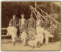 'Crystal Palace C.C. Devonshire Tour 1891'. Lovely original sepia photograph of the Crystal Palace cricket team, seated and standing in rows wearing cricket attire, and assorted blazers and headgear, including some notable players of the time. Players fea