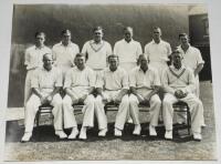 New Zealand v Staffordshire 1937. Two original mono photographs, one of the New Zealand team, the other of Staffordshire, for the match at Stoke, 24th &amp; 25th May 1937. In each photograph the players are seated and standing in rows wearing cricket atti