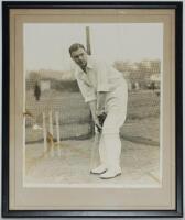 Yorkshire. Arthur Brian Sellers. Yorkshire 1932-1948. Large and impressive original mono photograph of Sellers in batting pose at the crease in the nets. Signed in blue ink to lower right corner 'Yours very sincerely, A. Brain Sellers'. The photograph me